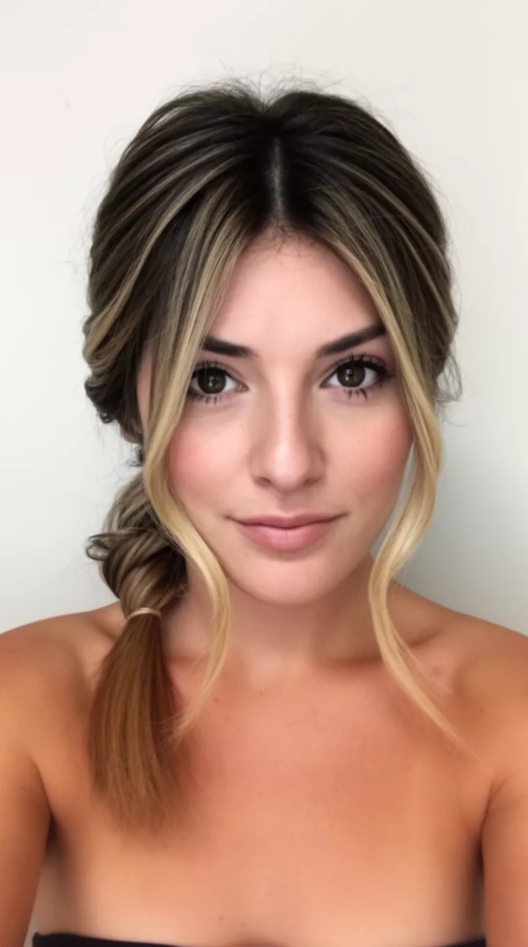 selfie of a 26-year-old woman with bare shoulders featuring layered brown and blonde hair styled in a chic low twisted ponytail with face-framing strands, minimal background