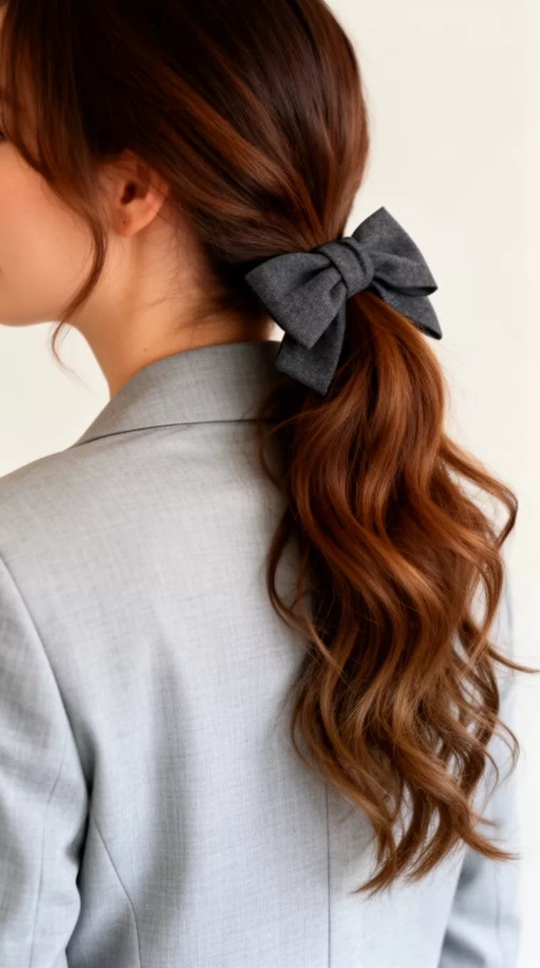 casual close-up photo of a 35-year-old woman wearing a light grey blazer with long wavy brown hair in a low ponytail with a dark grey bow, minimal background