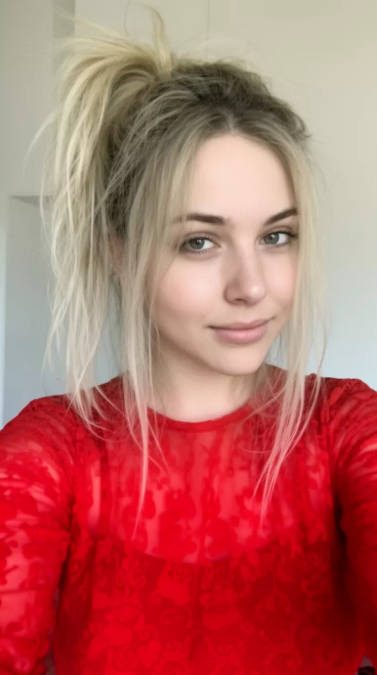 selfie of a 24-year-old woman wearing a red patterned sheer top with light blonde messy hair in a medium-high ponytail with loose strands, minimal background