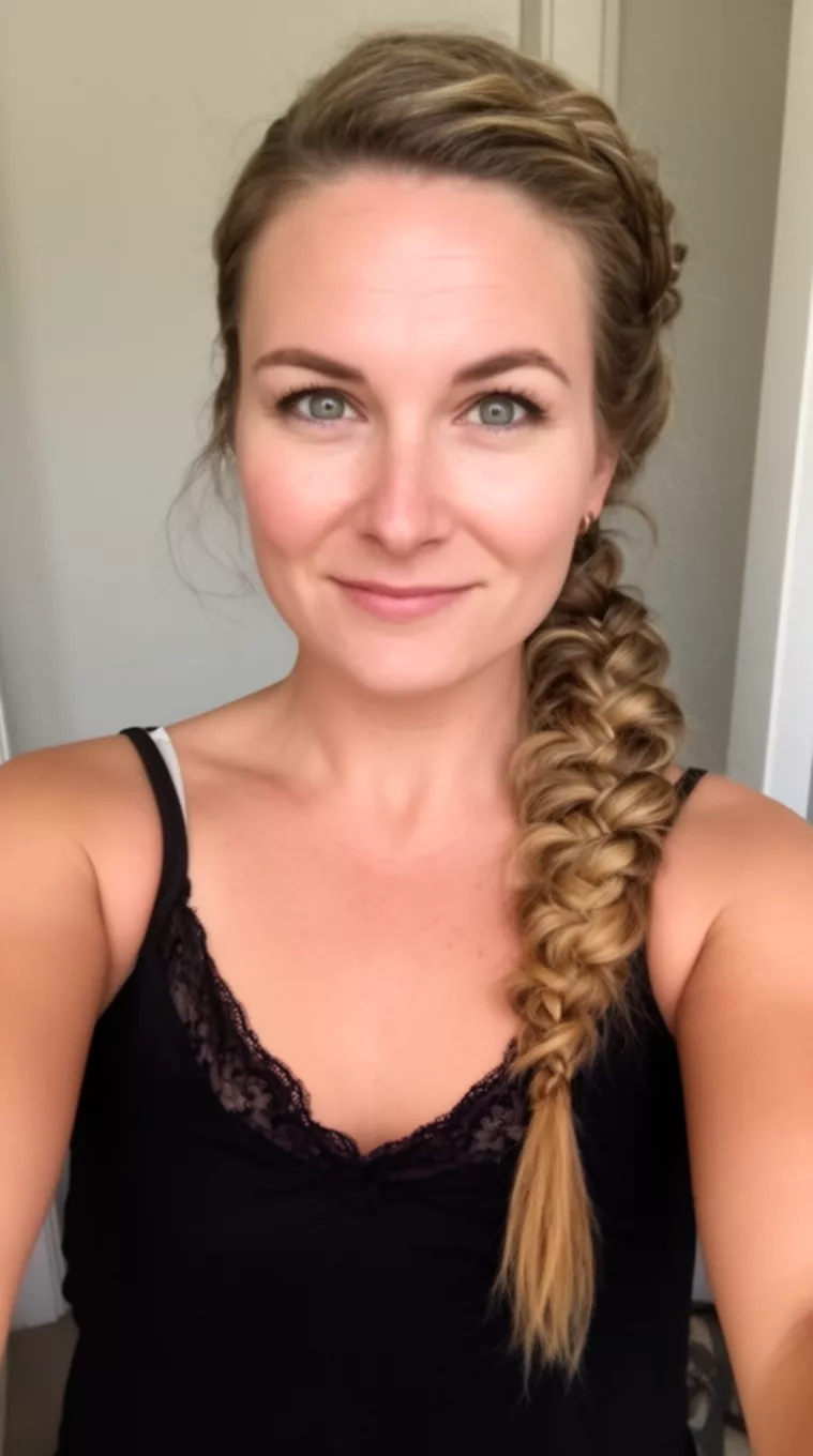 selfie of a 30-year-old woman wearing a black camisole with light brown hair styled with a voluminous Dutch braid feeding into a low relaxed ponytail, minimal background