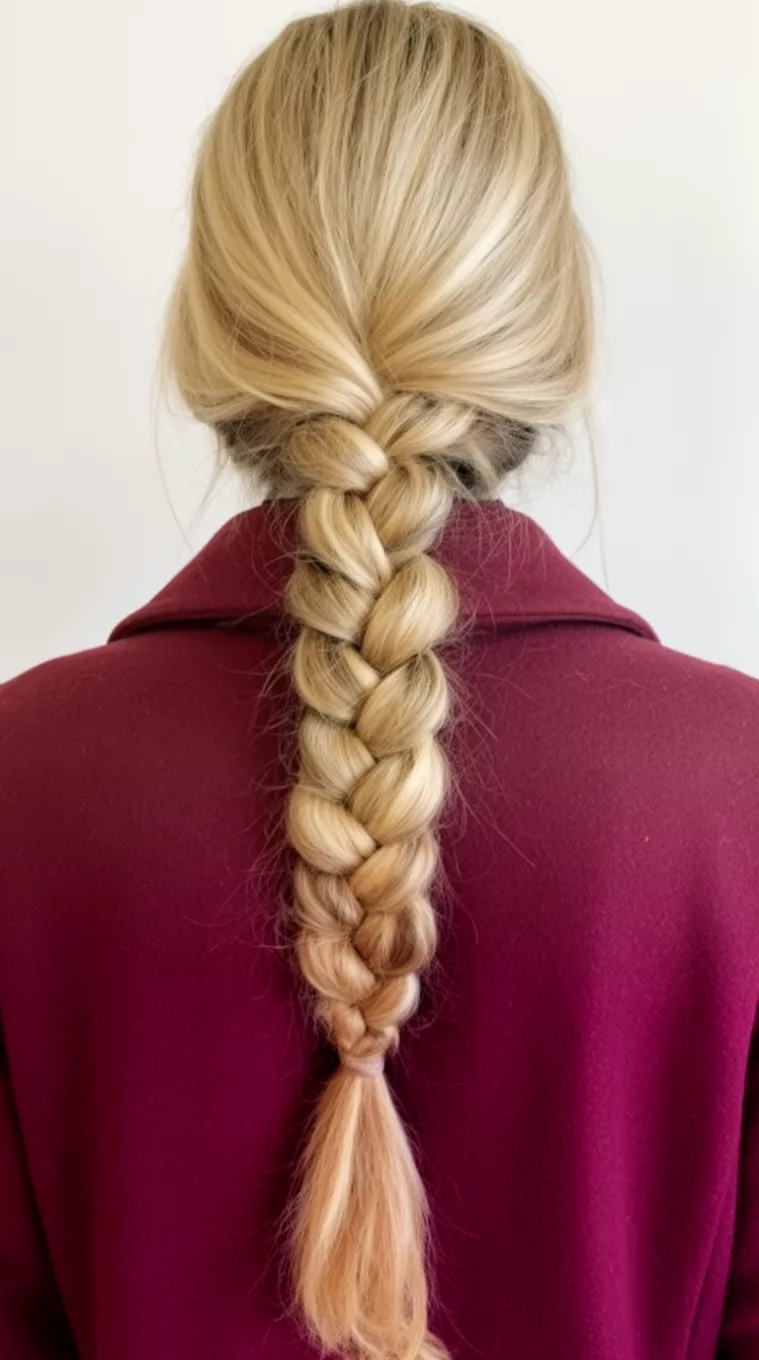 casual close-up back view photo of a 39-year-old woman wearing a maroon coat with long blonde hair in a chunky voluminous pull-through braid, minimal background