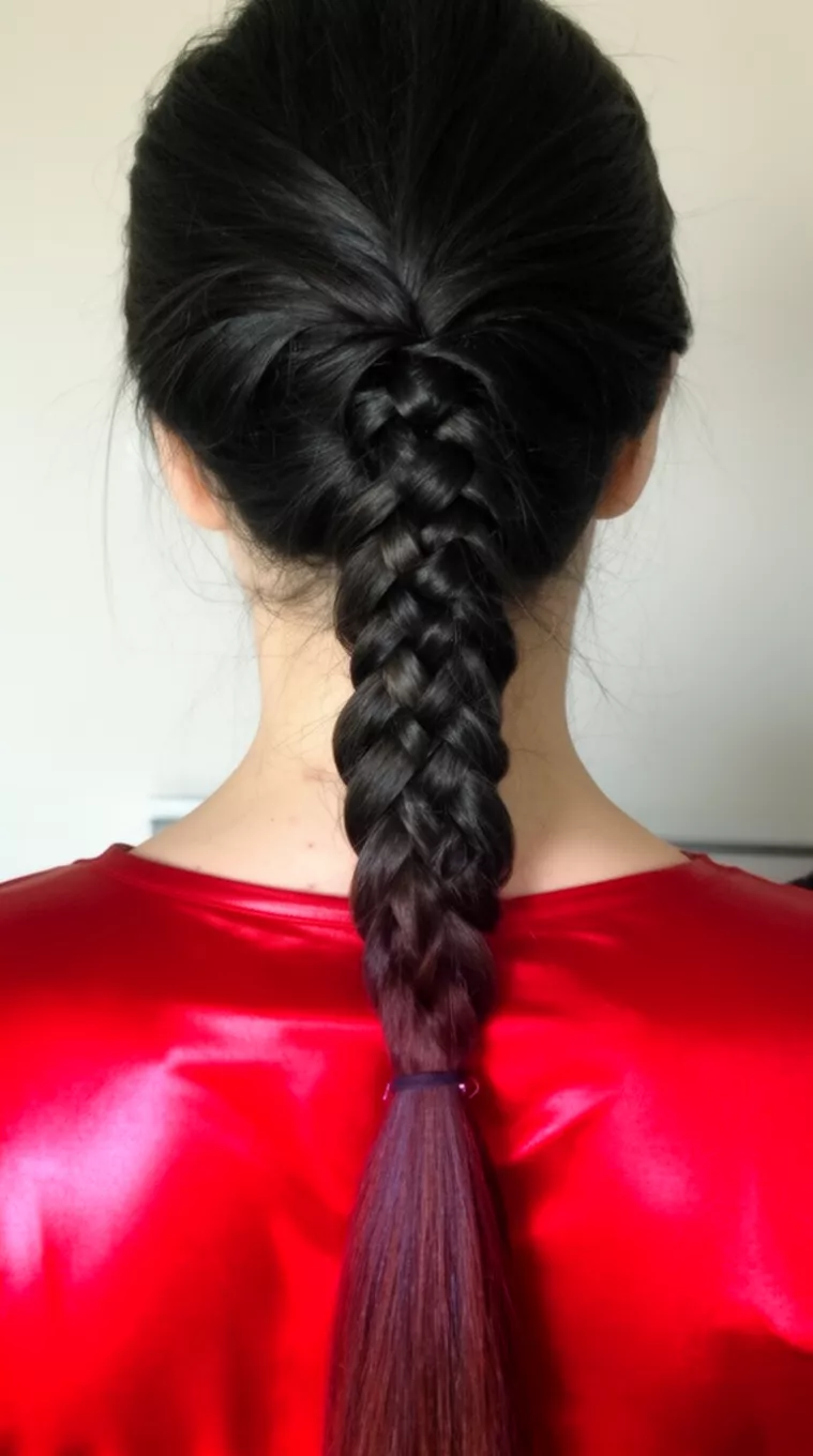 casual close-up back view photo of a 32-year-old woman wearing a shiny red top with dark hair pulled into a high textured fishtail braid transitioning into a ponytail, minimal background