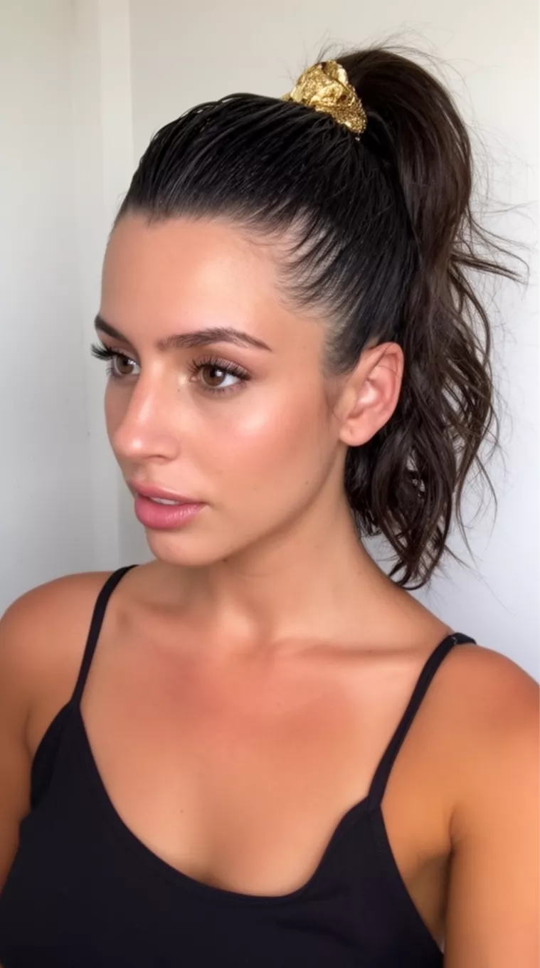 casual close-up photo of a 29-year-old woman wearing a black camisole with dark slicked-back hair in a high messy natural ponytail and gold accent, minimal background
