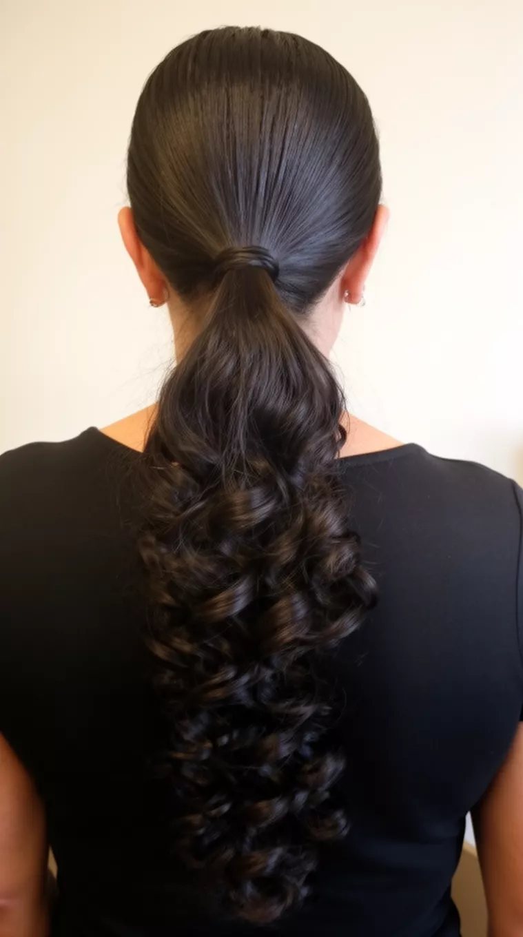 casual close-up back view photo of a 41-year-old woman wearing a black top with dark hair slicked back into a low ponytail with long defined sculpted curls trailing down, minimal background