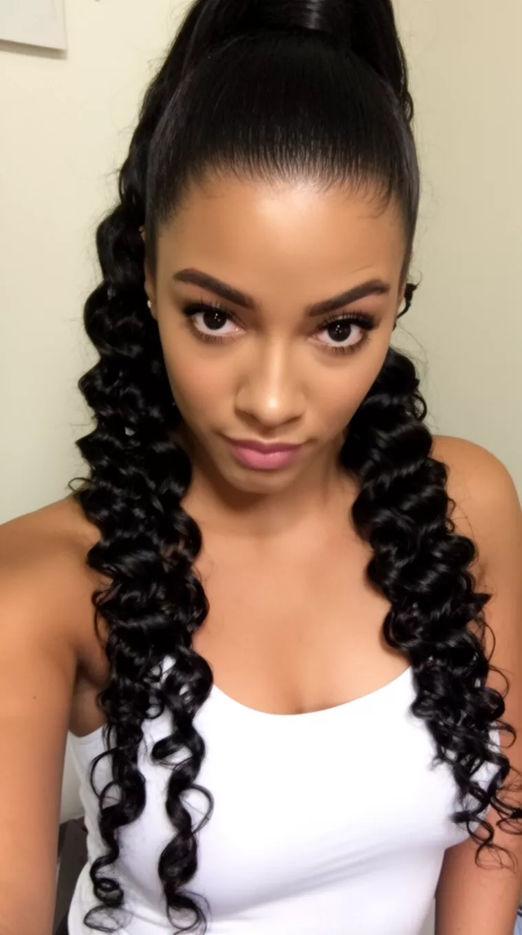 selfie of a 25-year-old woman wearing a white tank top with dark hair in a slick high ponytail with defined cascading curls at the bottom, minimal background