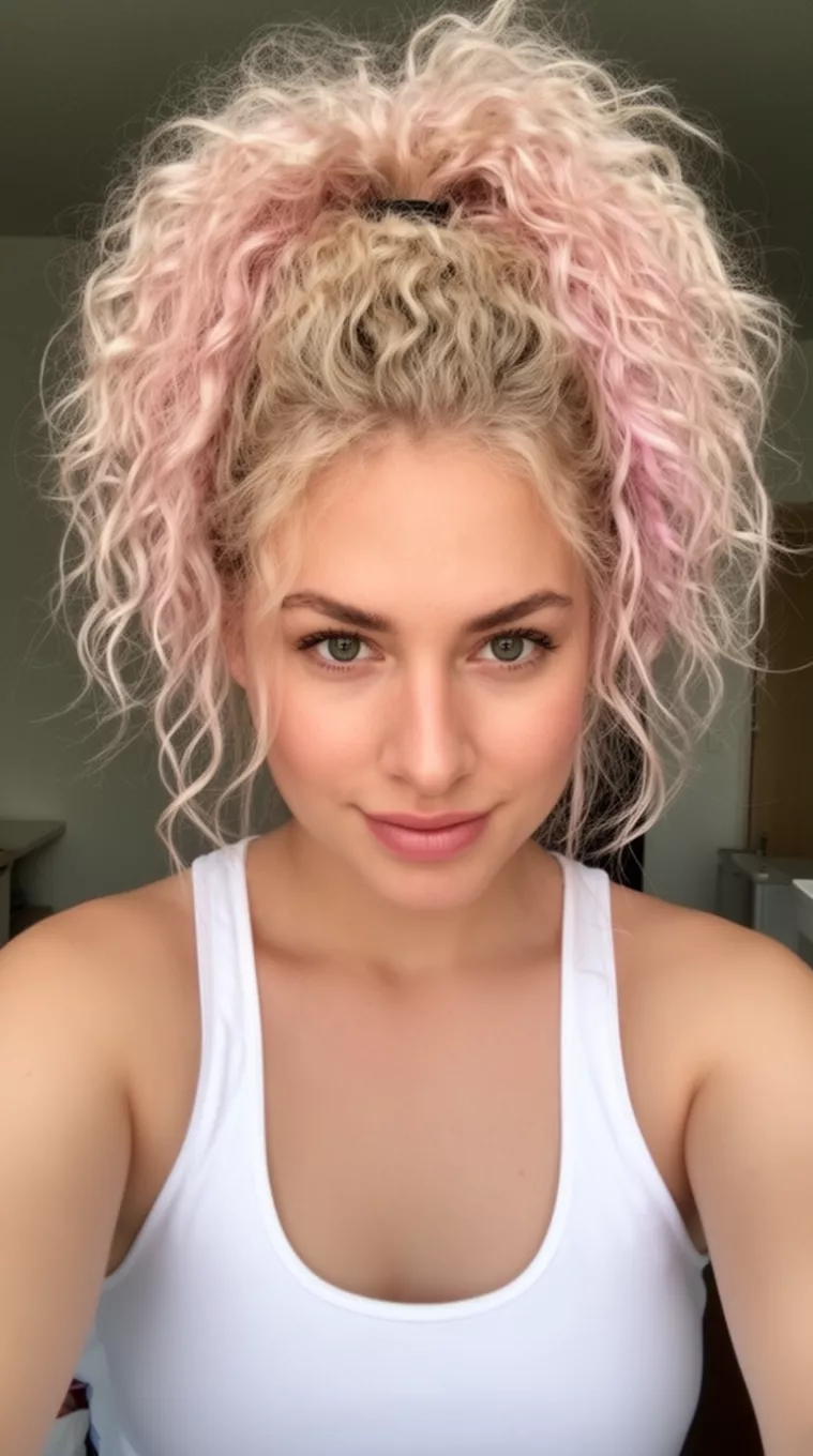 selfie of a 27-year-old woman wearing a white tank top with light blonde messy curly hair in a voluminous high ponytail with subtle pink tones, minimal background