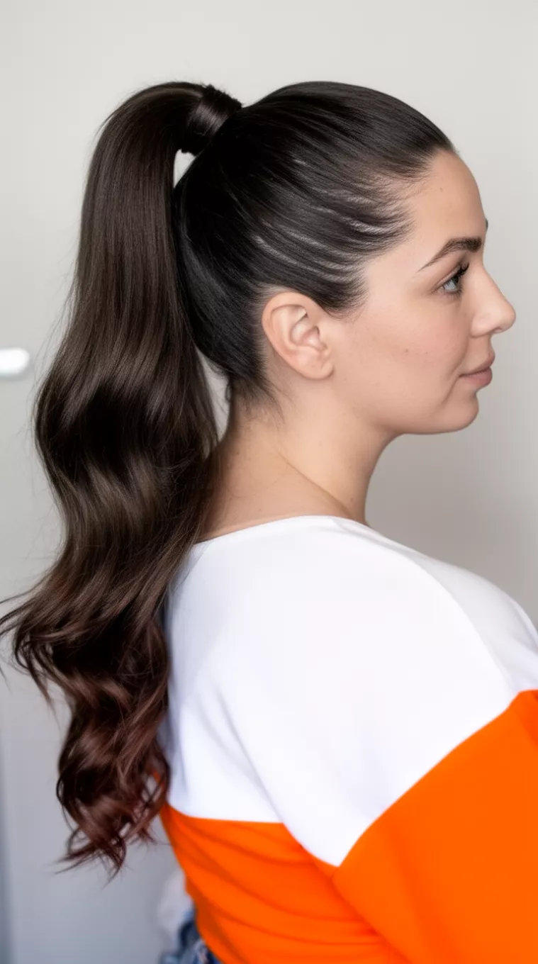 casual close-up side view photo of a 36-year-old woman wearing a white and orange top with dark brown hair in a very high sleek ponytail and defined wave, minimal background