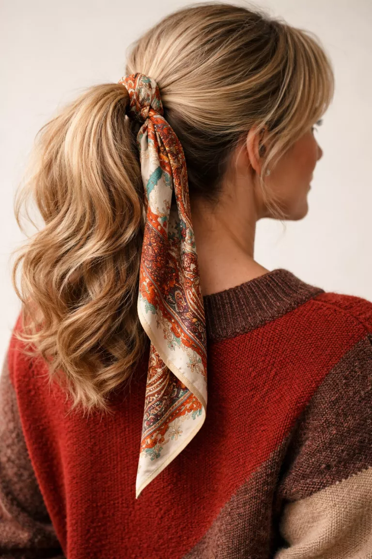 casual close-up back view photo of a 47-year-old woman wearing a red and brown knit outfit with blonde hair in a voluminous middle-height ponytail and colorful scarf, minimal background
