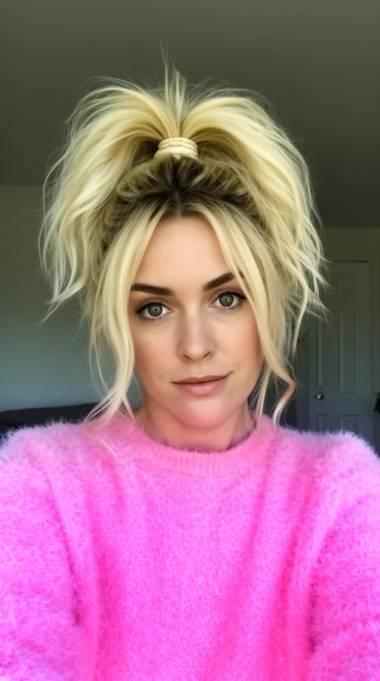 selfie of a 30-year-old woman wearing a fuzzy pink top with voluminous blonde hair in a high slightly messy ponytail secured with a hair-wrapped band, minimal background