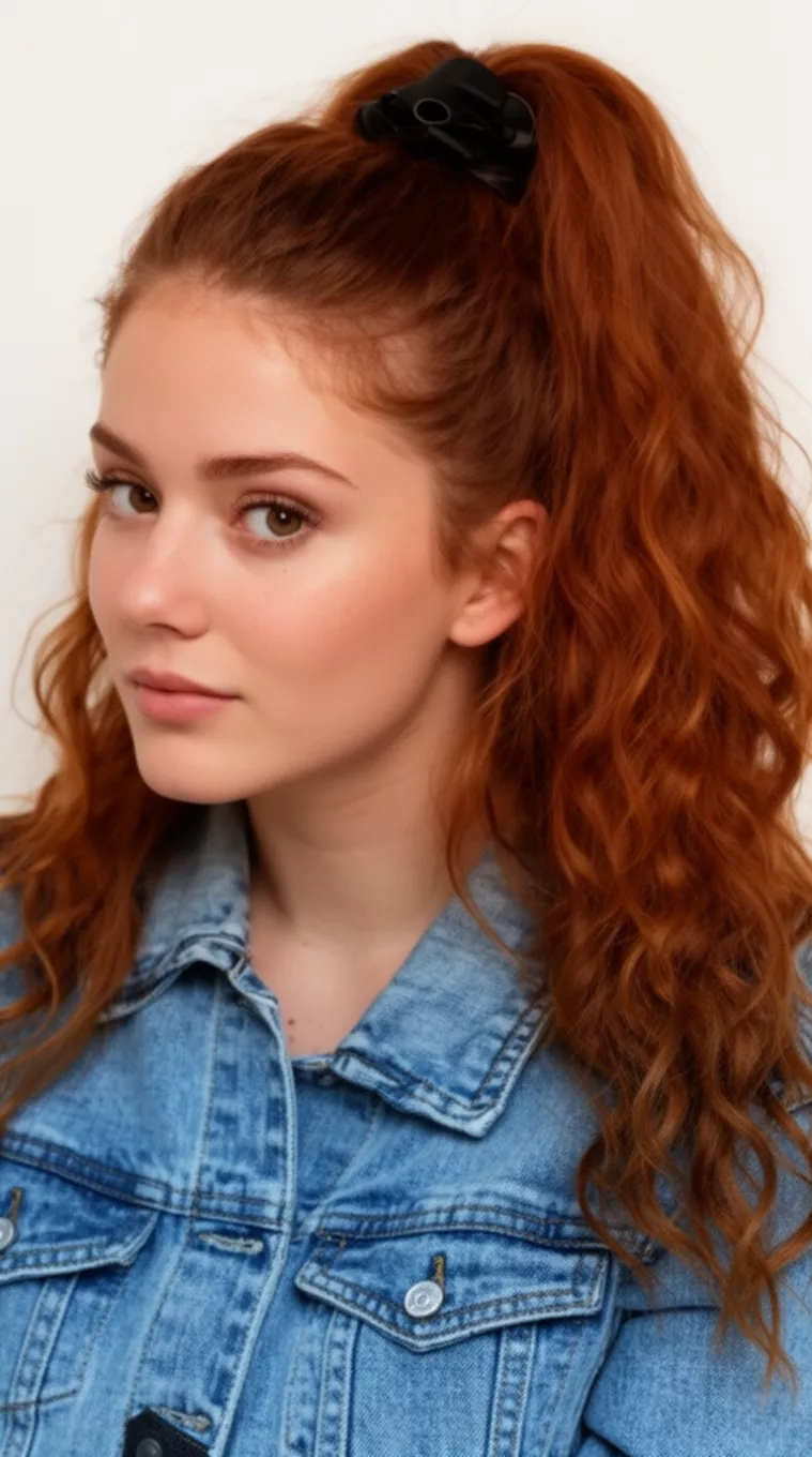 casual close-up photo of a 29-year-old woman wearing a denim jacket with long wavy auburn brown hair in a high ponytail secured with black, minimal background