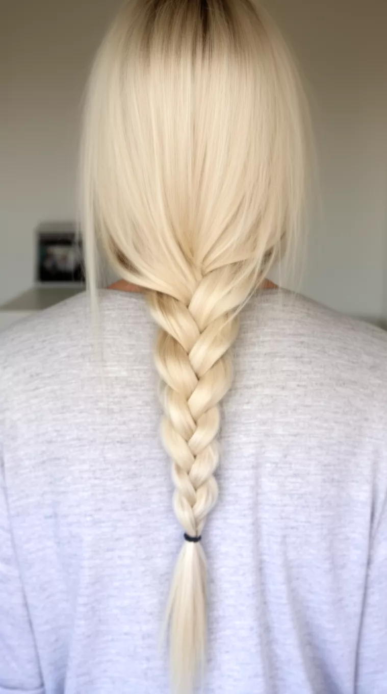 casual close-up back view photo of a 39-year-old woman wearing a light grey top with very long straight platinum blonde hair and one neat center fishtail braid, minimal background