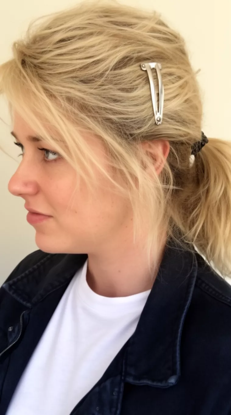 casual close-up side view photo of a 33-year-old woman wearing a dark jacket and white tee with blonde messy hair in a medium ponytail with two silver barrettes, minimal background