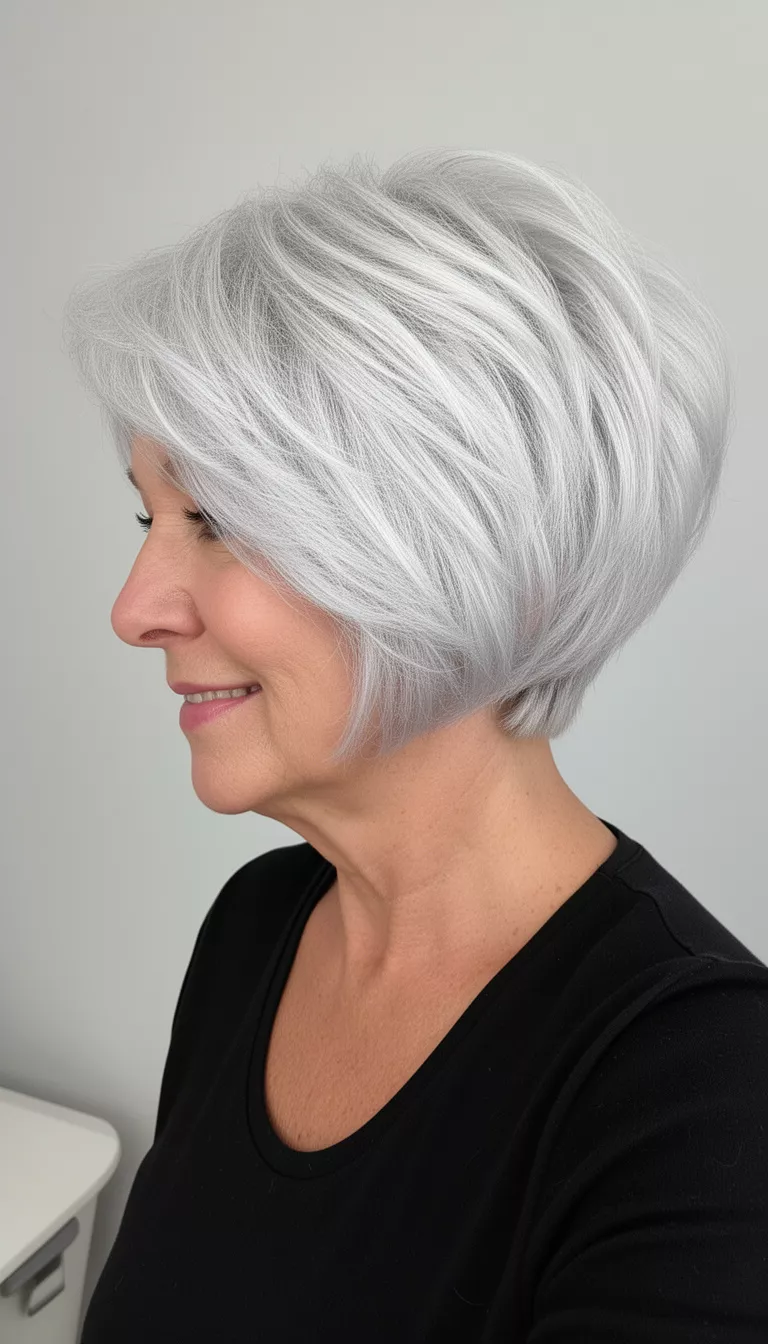 selfie of a 68-year-old woman wearing black with a voluminous, layered, bright silver/white short haircut hairstyle, side view, minimal background
