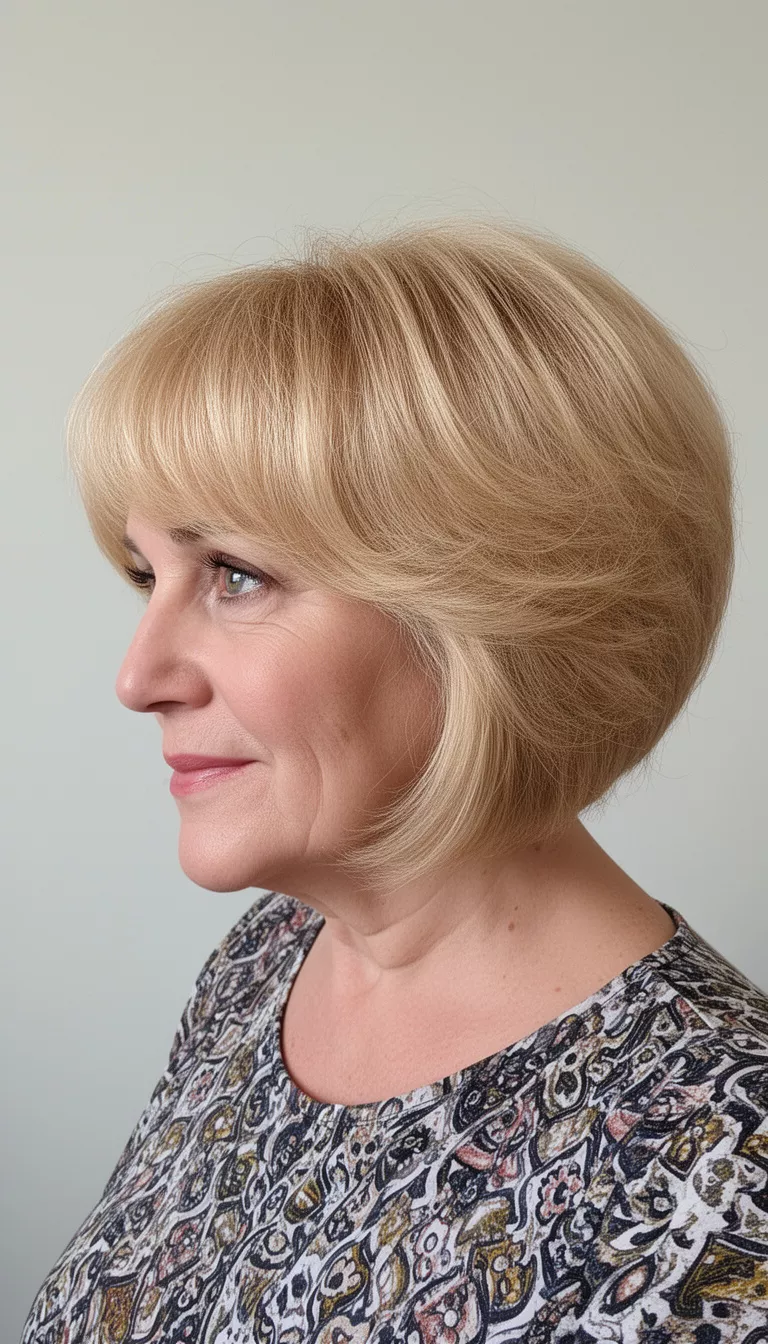 selfie of a 63-year-old woman wearing a patterned top with a voluminous, rounded, medium-length golden blonde bob with layered texture hairstyle, side profile, minimal background