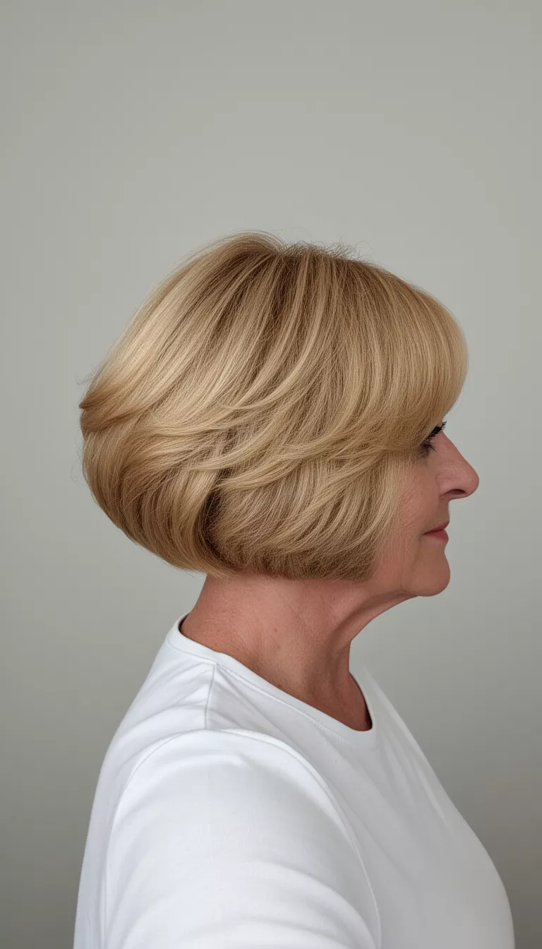selfie of a 64-year-old woman wearing a white top with a rounded, voluminous, stacked golden blonde bob hairstyle, side profile, minimal background
