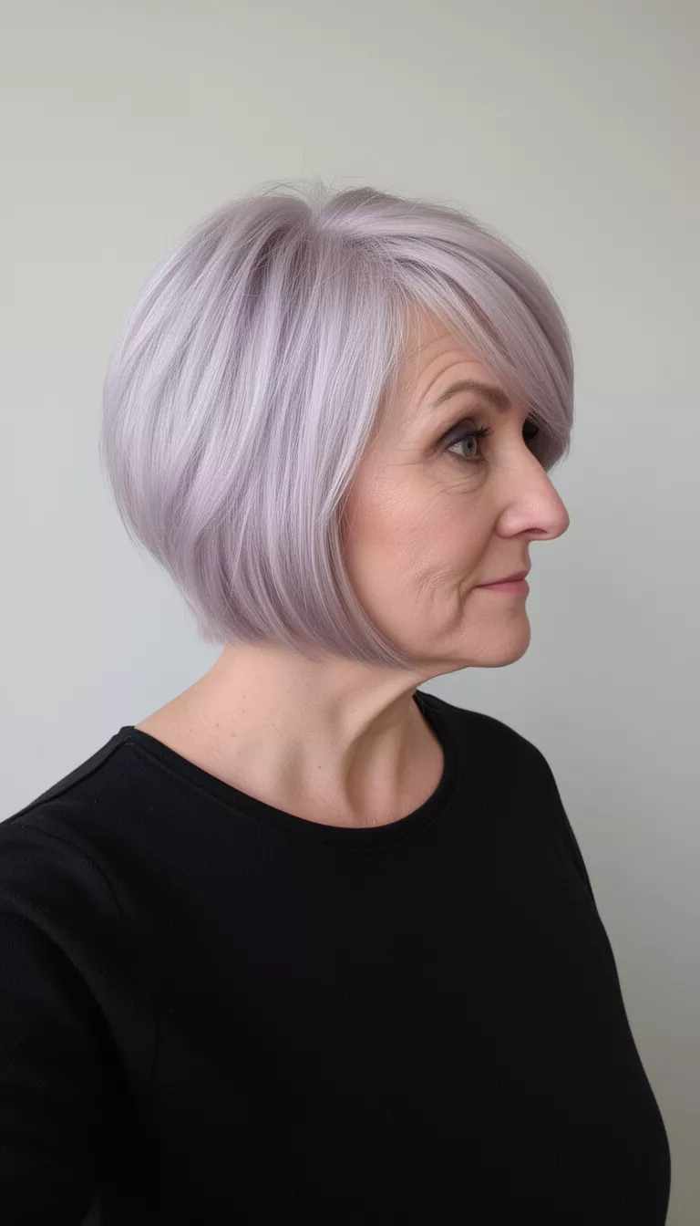 selfie of a 62-year-old woman wearing a black top with a short, layered, pale lilac-blonde bob haircut with side-swept bangs hairstyle, side profile, minimal background
