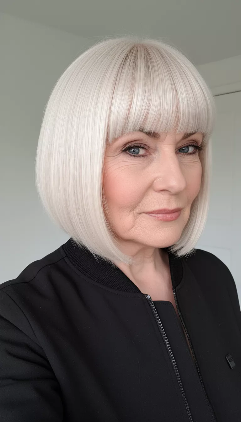 selfie of a 68-year-old woman wearing a black jacket with a sleek, platinum blonde, inverted bob with straight, blunt bangs hairstyle, front/side view, minimal background