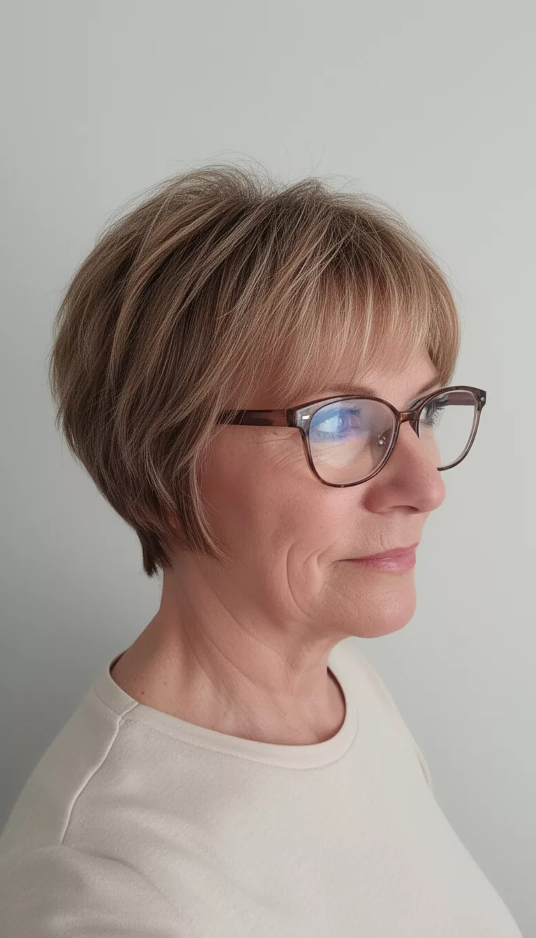selfie of a 60-year-old woman wearing a light colored top and glasses with a short, layered, slightly shaggy, brownish-blonde cut with soft bangs hairstyle, side profile, minimal background