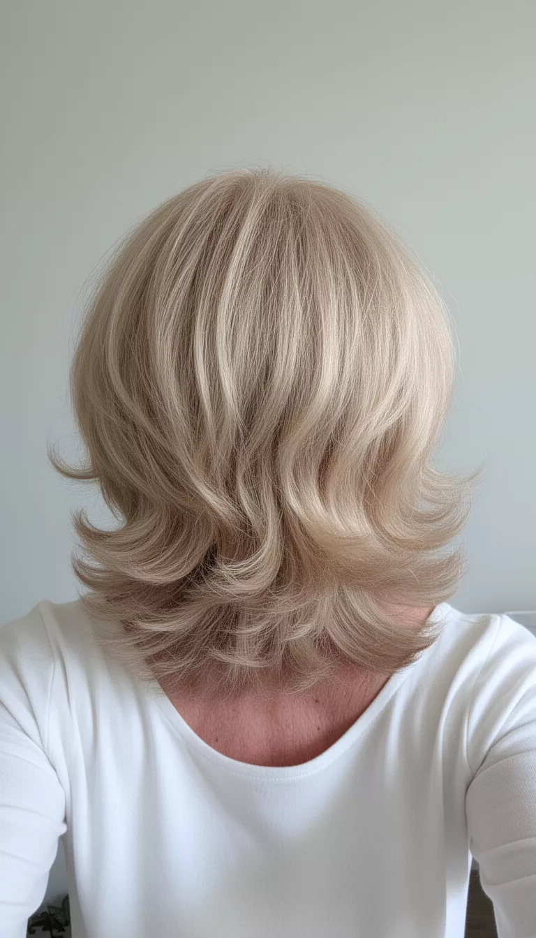 selfie of a 64-year-old woman wearing a white top with a voluminous, medium-length, heavily layered blonde hairstyle, back view, minimal background