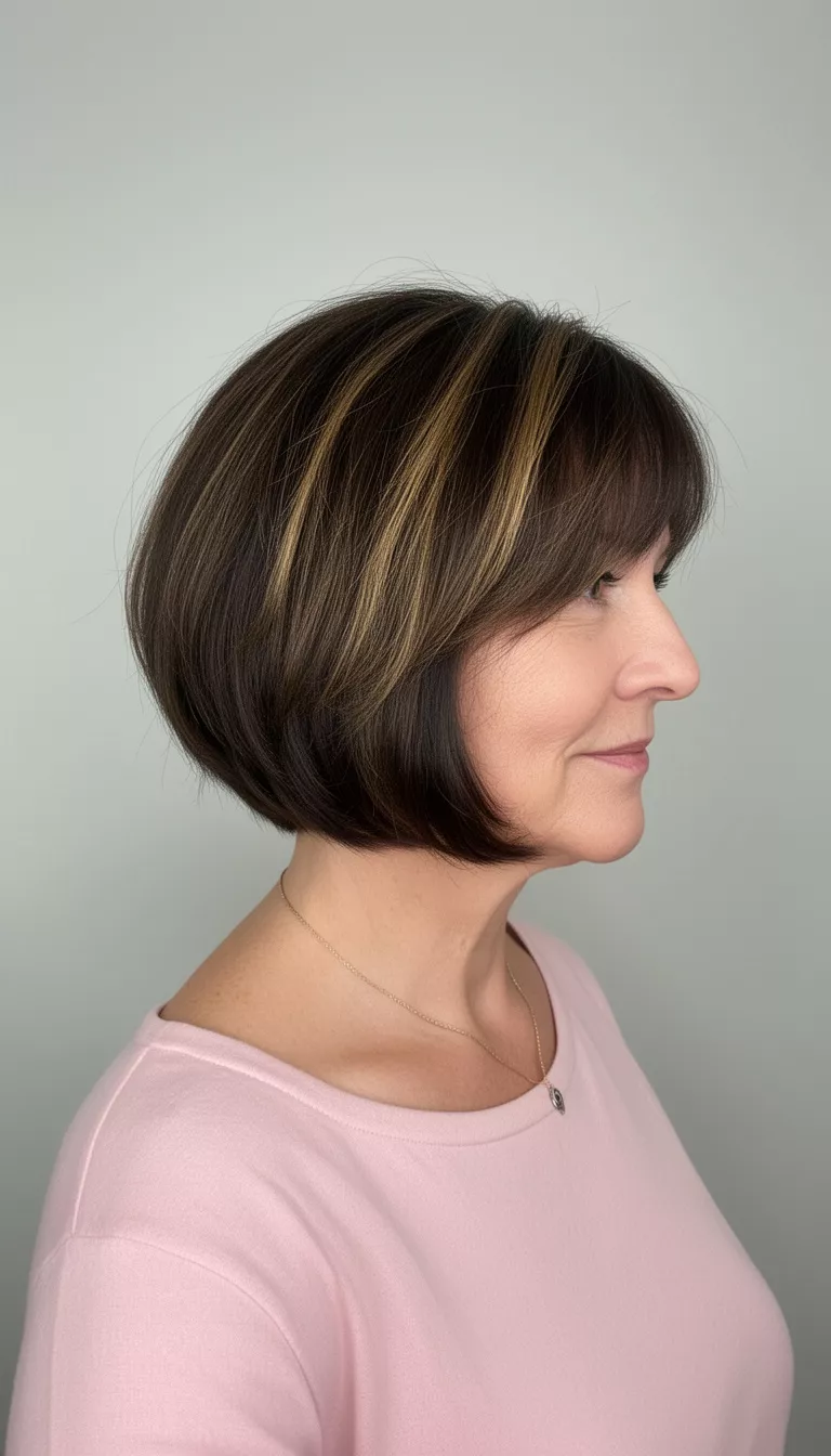 selfie of a 63-year-old woman wearing a light pink top with a dark brown, slightly layered bob haircut with subtle golden highlights hairstyle, side profile, minimal background