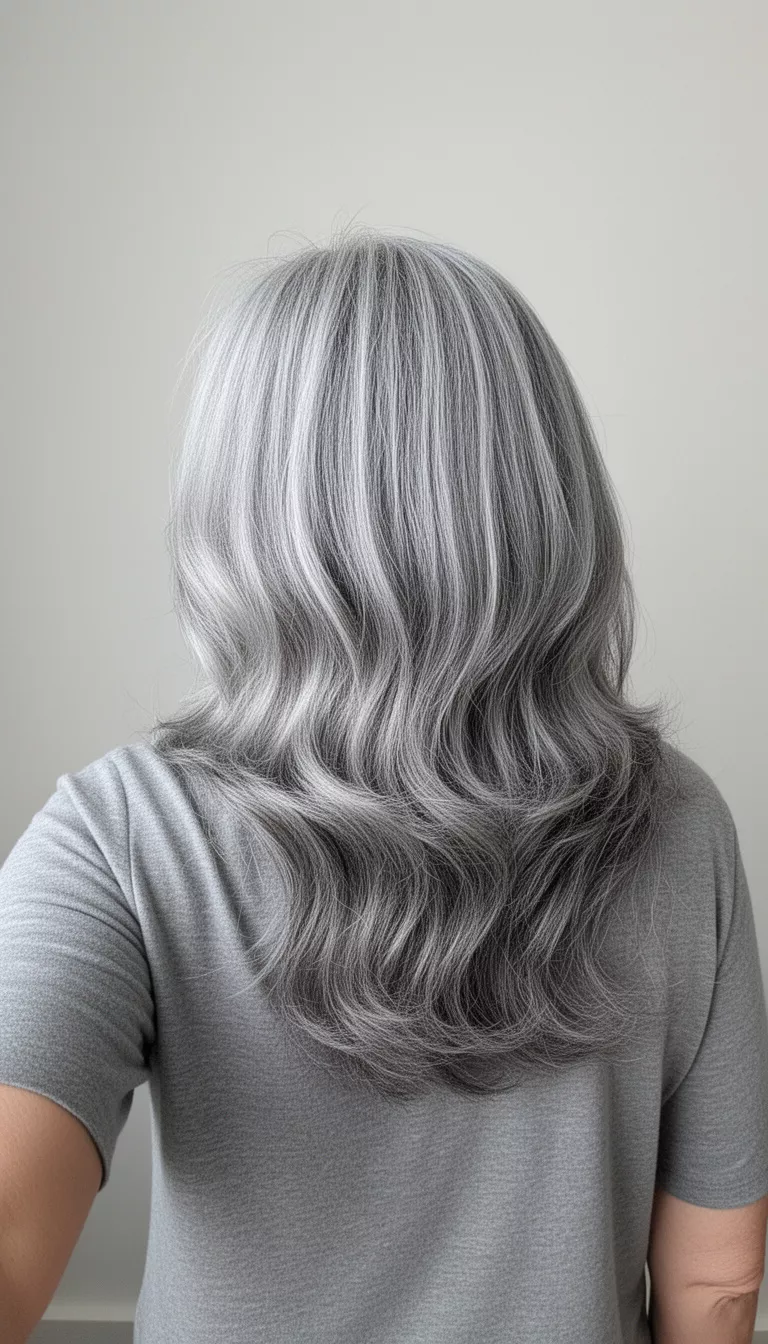 selfie of a 67-year-old woman wearing a gray top with a long, layered, ash-gray and silver hairstyle, back view, minimal background