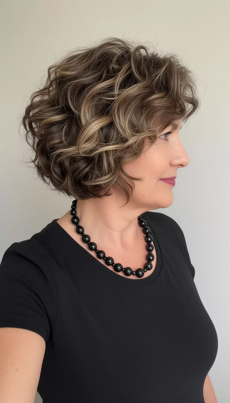 selfie of a 66-year-old woman wearing a black top and beaded necklace with a short, voluminous, curly/wavy hair accented with highlights hairstyle, side profile, minimal background