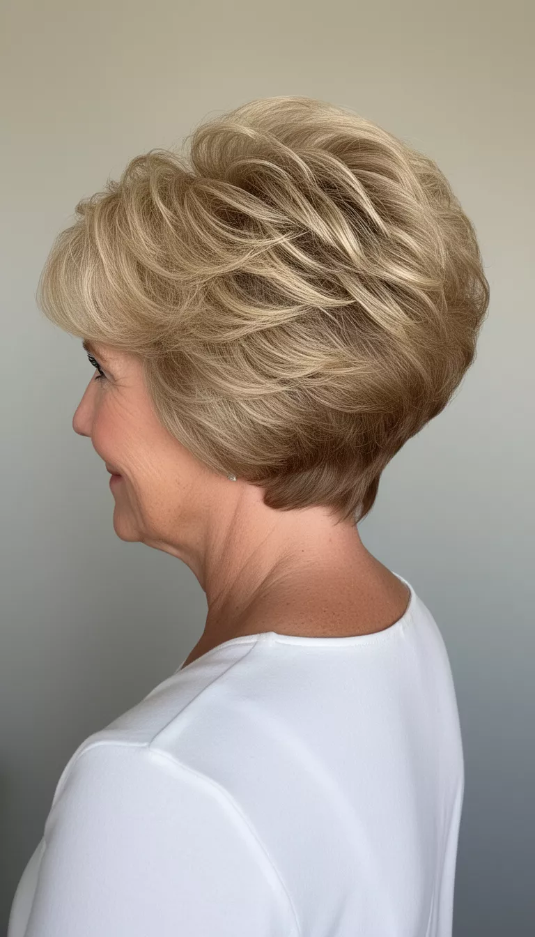 selfie of a 64-year-old woman wearing a white top with a very voluminous, rounded, highlighted blonde short haircut hairstyle, rear side profile, minimal background