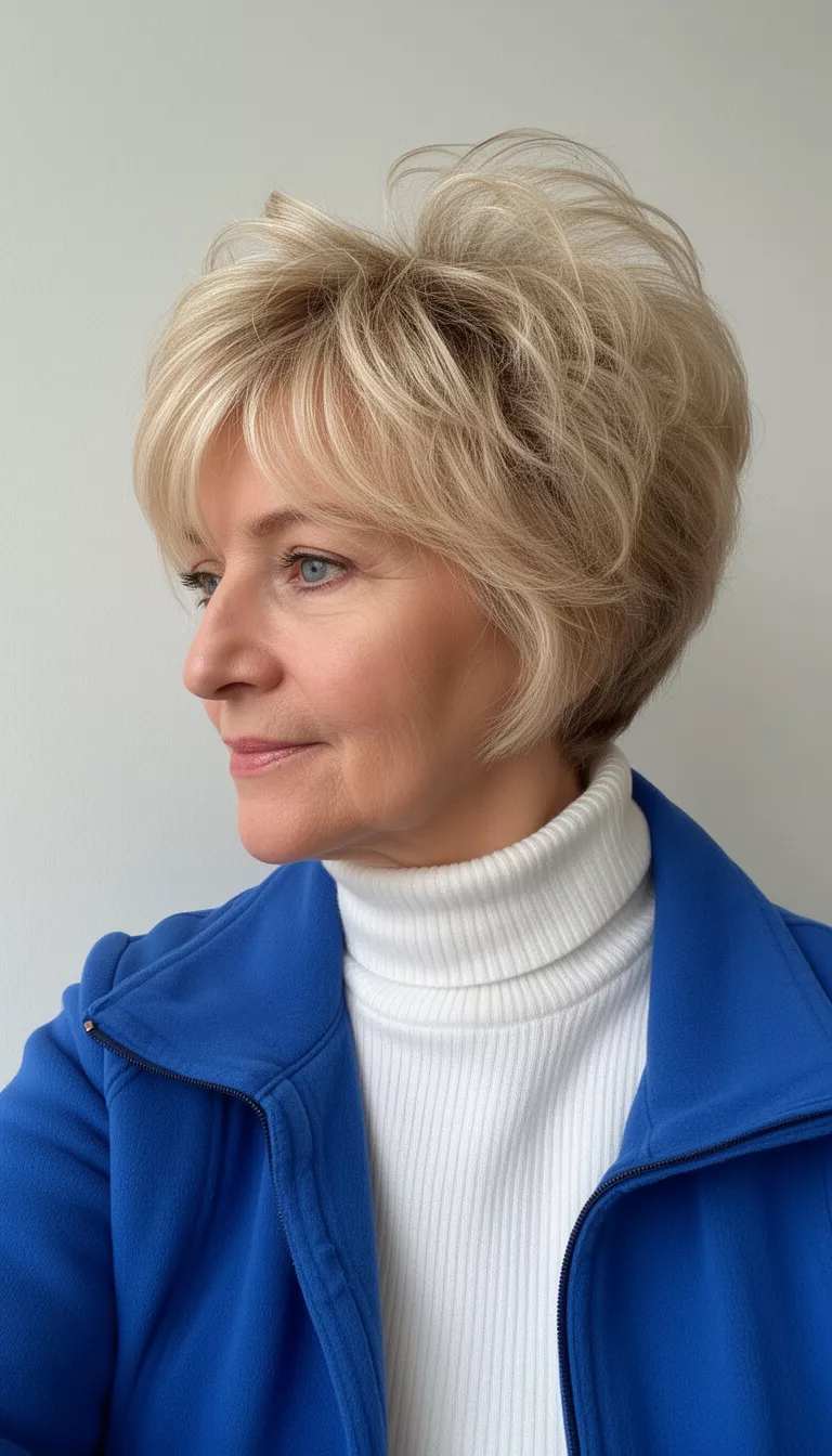 selfie of a 63-year-old woman wearing a white turtleneck and blue jacket with a short, voluminous, heavily layered blonde hairstyle, side view, minimal background