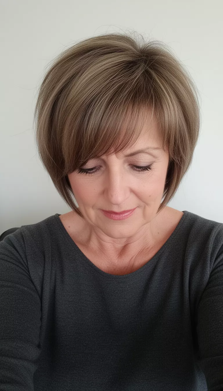 selfie of a 60-year-old woman wearing a dark gray top with a short, layered bob and swept bangs hairstyle, looking down, minimal background