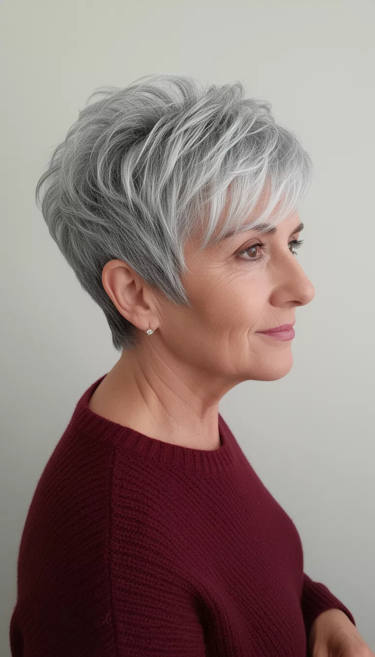 selfie of a 69-year-old woman wearing a dark red sweater with a dramatic, voluminous, silver-gray layered short hair hairstyle, side profile, minimal background