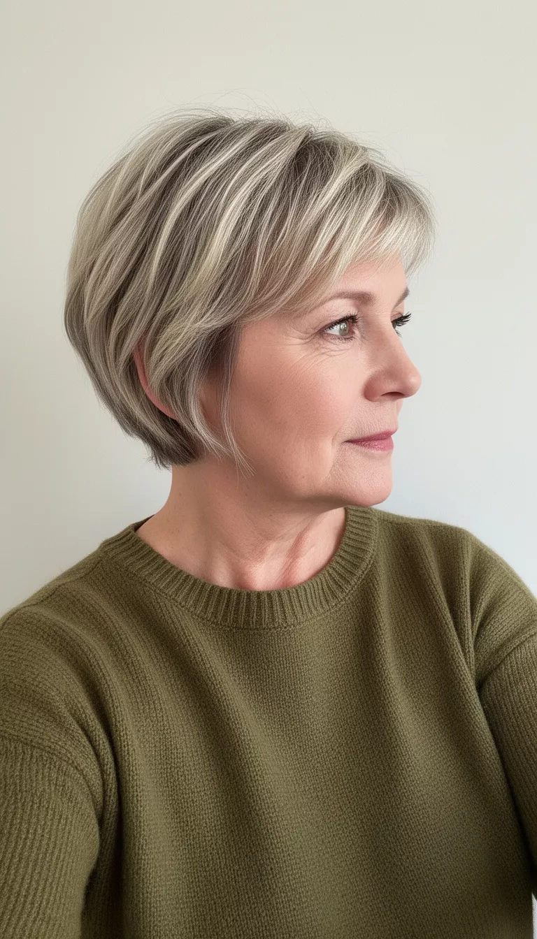 selfie of a 61-year-old woman wearing an olive green sweater with a short, layered, blonde and ash highlighted hairstyle, side view, minimal background