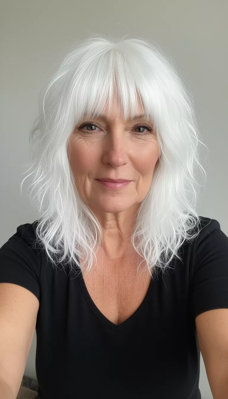 selfie of a 69-year-old woman wearing a black top with a vibrant white, shaggy, medium-length hair and eye-grazing bangs hairstyle, front view, minimal background