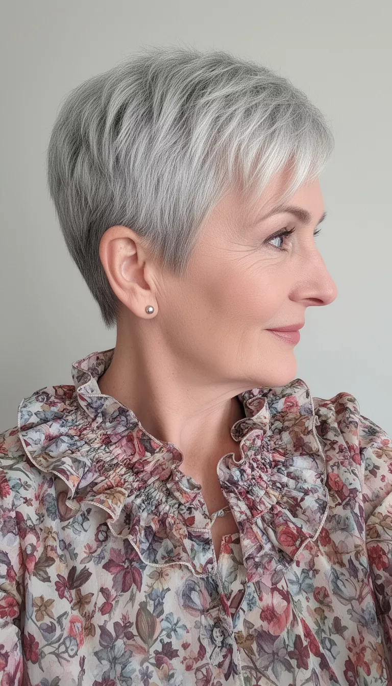 selfie of a 66-year-old woman wearing a floral ruffled-collar top with a short, silver-gray, textured pixie cut hairstyle, side profile, minimal background