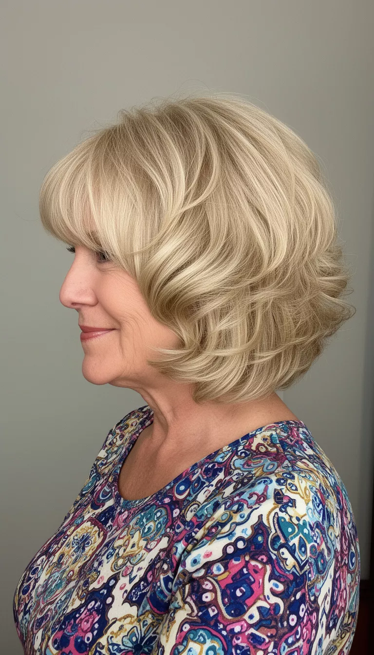 selfie of a 65-year-old woman wearing a colorful patterned top with a voluminous, heavily layered, blonde bob featuring soft texture and side-swept bangs hairstyle, side profile, minimal background