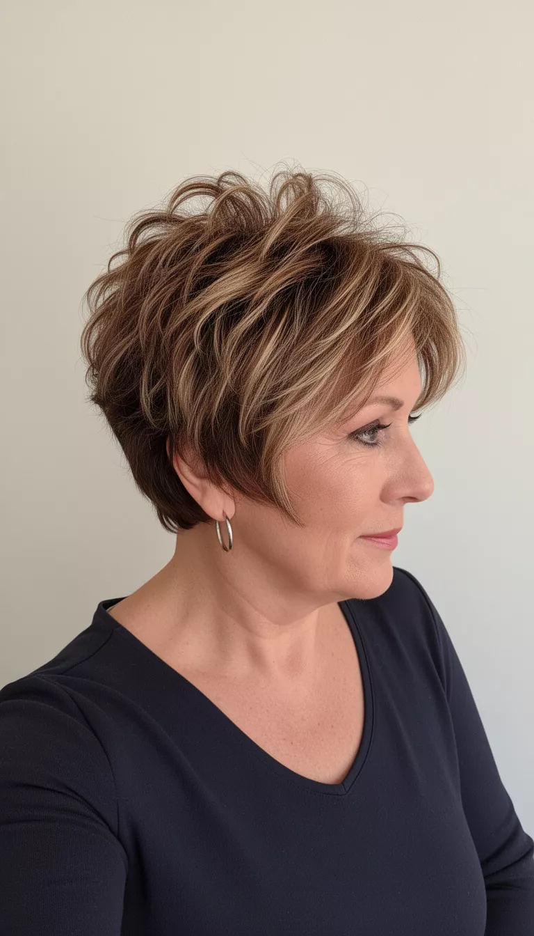 selfie of a 62-year-old woman wearing a dark top and hoop earrings with a short, voluminous, layered, warm brown and blonde highlighted hairstyle, side profile, minimal background