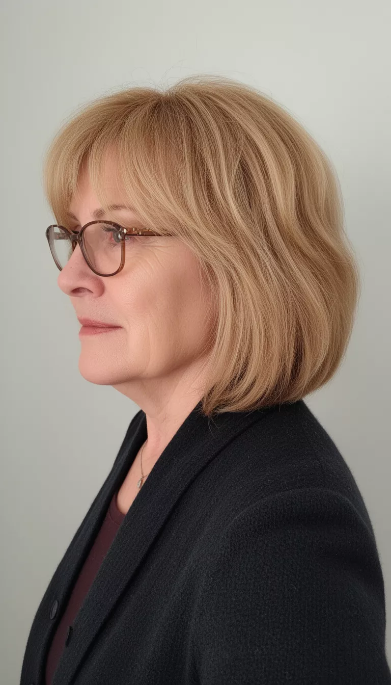selfie of a 61-year-old woman wearing a dark cardigan and glasses with a medium-length, slightly layered, warm blonde bob hairstyle, side view, minimal background