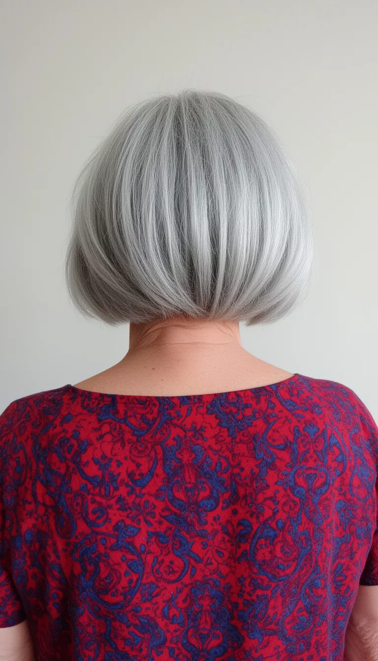 selfie of a 65-year-old woman wearing a red and blue patterned top with a silver-gray, stacked, inverted bob hairstyle, back view, minimal background