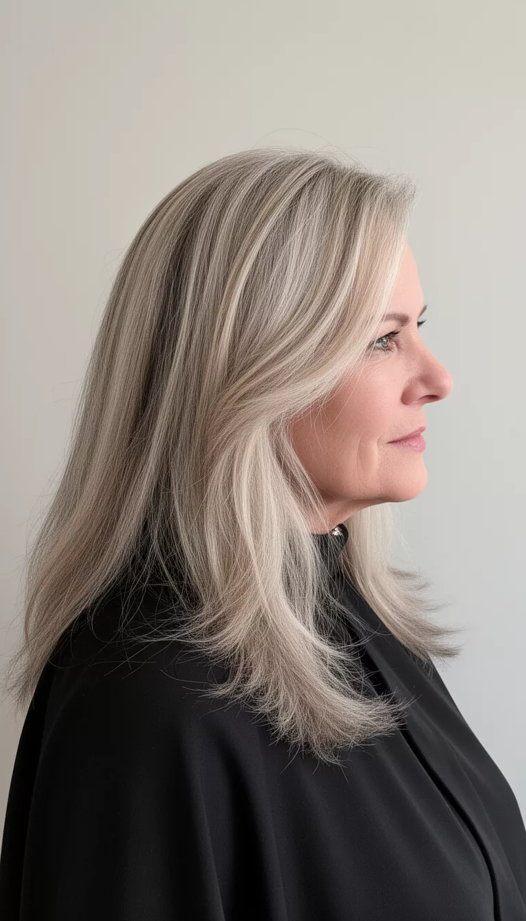 selfie of a 61-year-old woman wearing a black cape with a long, layered, blonde and ash-toned medium-long hair hairstyle, side profile, minimal background