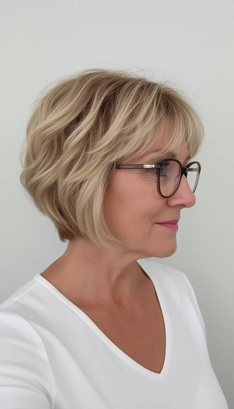 selfie of a 61-year-old woman wearing a white top and glasses with a short, textured, blonde bob with soft waves and subtle side-swept bangs hairstyle, side profile, minimal background