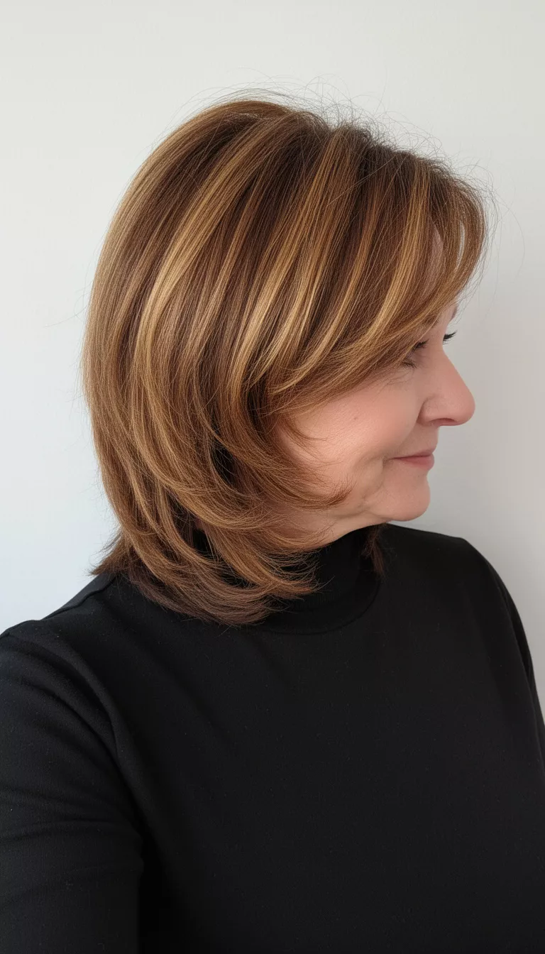 selfie of a 63-year-old woman wearing black with a layered, medium-length, warm brown hair featuring golden highlights and inward curves hairstyle, side profile, minimal background