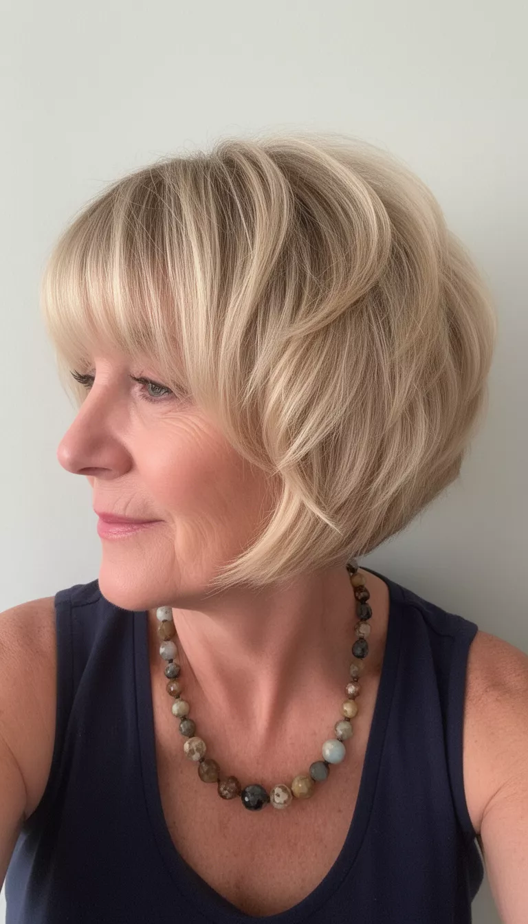 selfie of a 67-year-old woman wearing a beaded necklace with a voluminous, layered, short blonde bob featuring defined layers and bangs hairstyle, side profile, minimal background