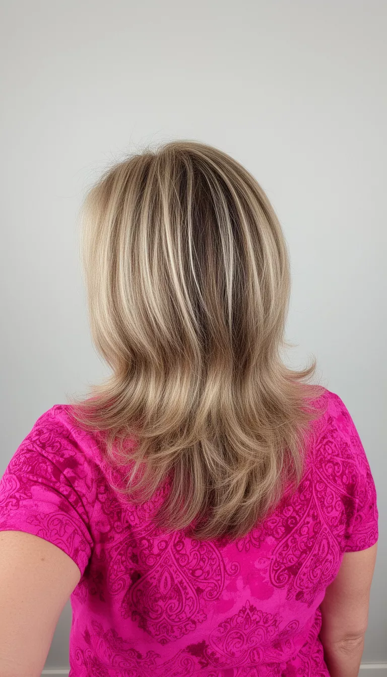 selfie of a 60-year-old woman wearing a bright pink patterned top with a medium-long, layered blonde hair with highlights hairstyle, back view, minimal background