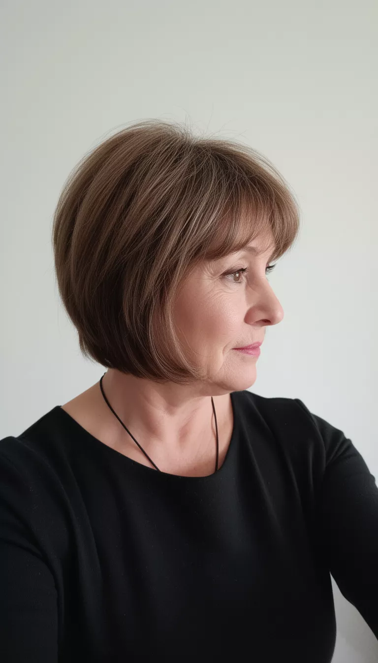 selfie of a 65-year-old woman wearing a black top and necklace with a multi-toned medium brown layered cut hairstyle, side profile, minimal background
