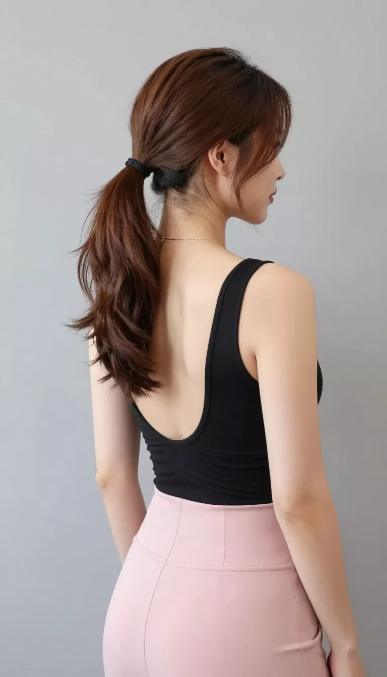 photo of a 34-year-old woman wearing a black backless top and pink skirt with a brown colored half-up bubble ponytail hairstyle, rear side view