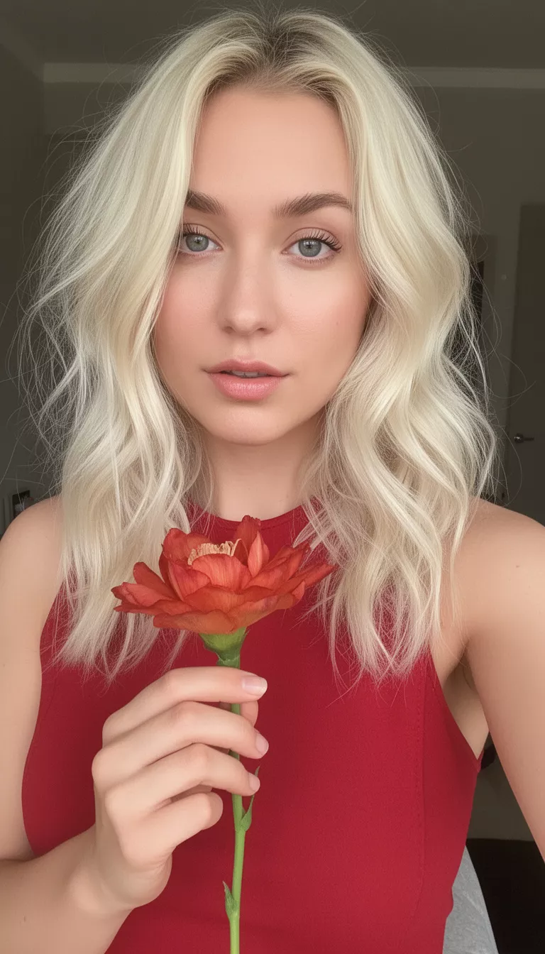 selfie of a 29-year-old woman wearing a sleeveless red top with a bright blonde colored loose wavy hairstyle, front view, holding a reddish-orange flower.