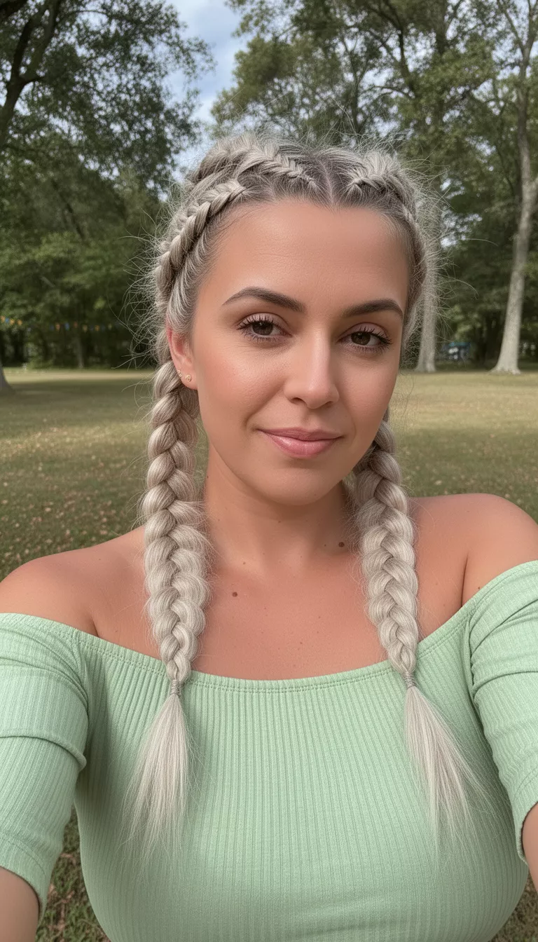 selfie of a 32-year-old woman wearing a light green off-the-shoulder top with a platinum blonde colored front braids and bubble pigtails hairstyle, front side view, outdoors.