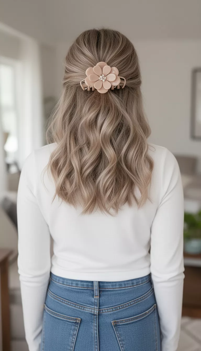 photo of a 34-year-old woman wearing a white long-sleeved top and jeans with an ash-blonde colored wavy half-up hairstyle with a nude flower claw clip, back view, indoors.