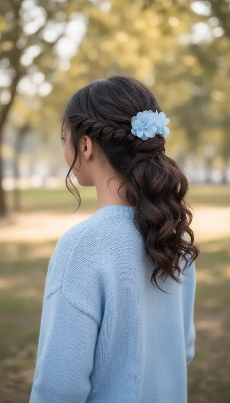 photo of a 35-year-old woman wearing a light blue sweater with a dark brown colored half-up side braid wavy hairstyle with a light blue flower clip, rear side view, outdoors.