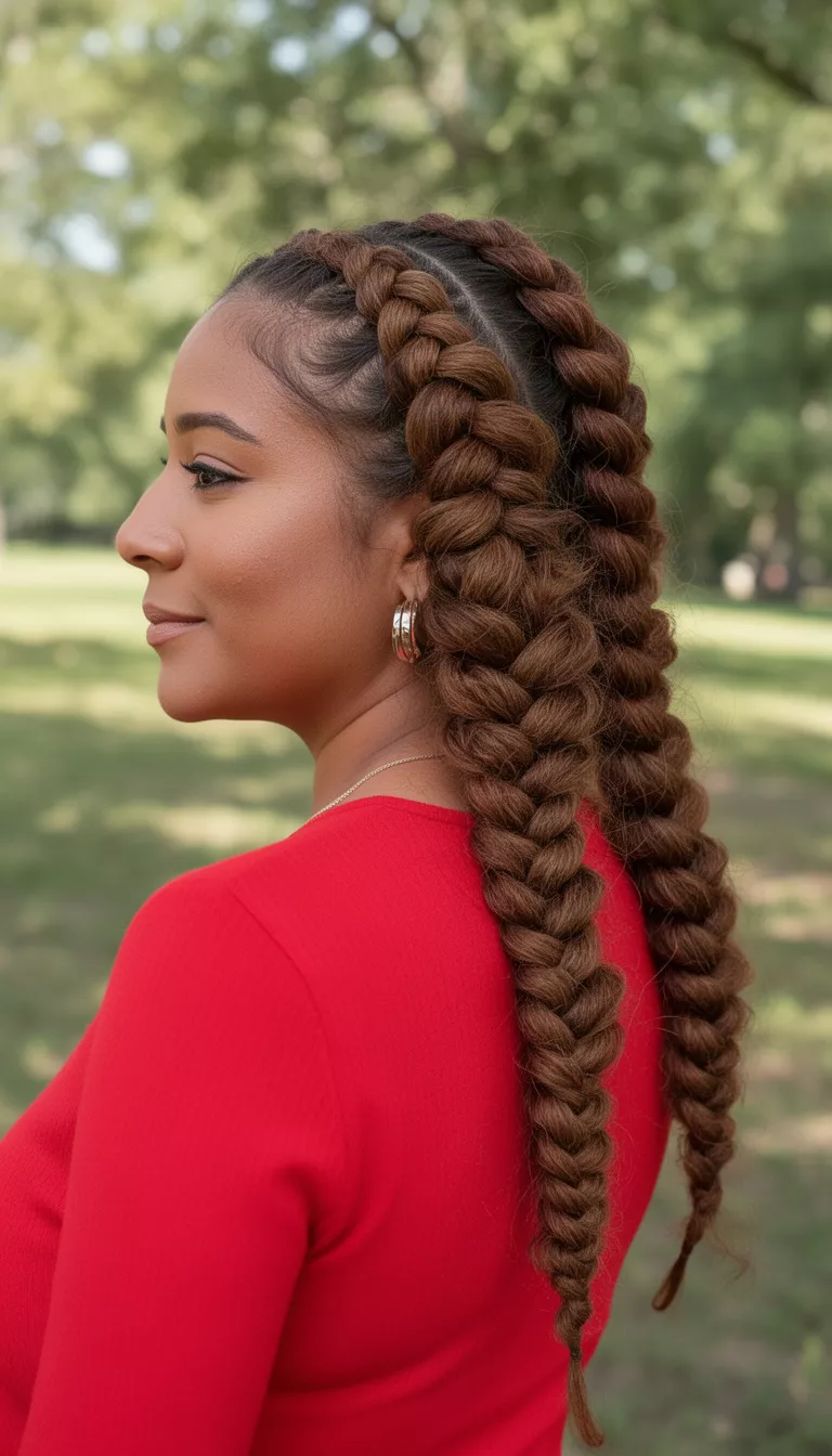 photo of a 41-year-old woman wearing a bright red top with a brown colored voluminous double dragon braids hairstyle, side view, outdoors.