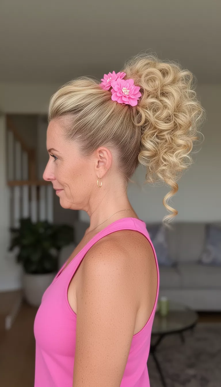 photo of a 42-year-old woman wearing a pink sleeveless top with a blonde colored high voluminous bubble ponytail with a pink flower hairstyle, side view, indoor setting.